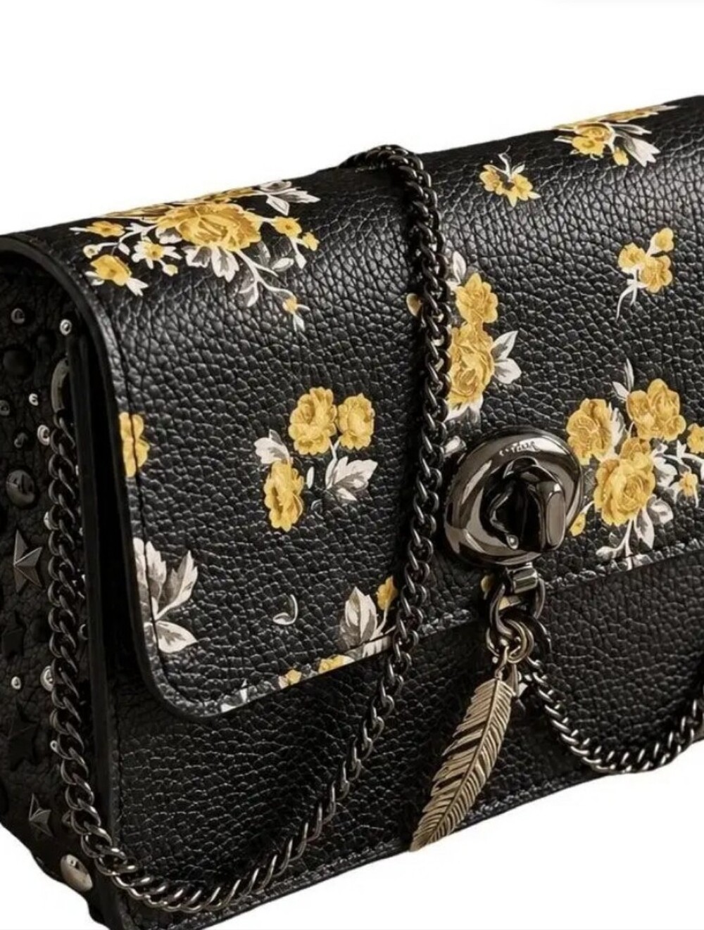 Coach Bowery Rebel Charm Floral Chain Crossbody Bag Gunmetal Feather Charm Chain - Picture 1 of 14
